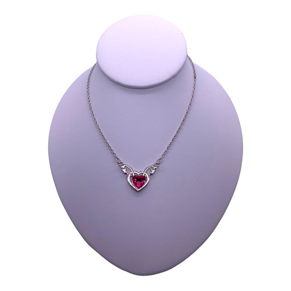 Imitation Dark Pink Crystal Rhinestone Gemstone Angel Wings Heart Necklace - Picture 7 of 11